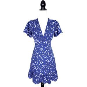 Melloday Dress Plunge V-Neck Short Sleeve Blue White Polka Dot Ruffle Size Small